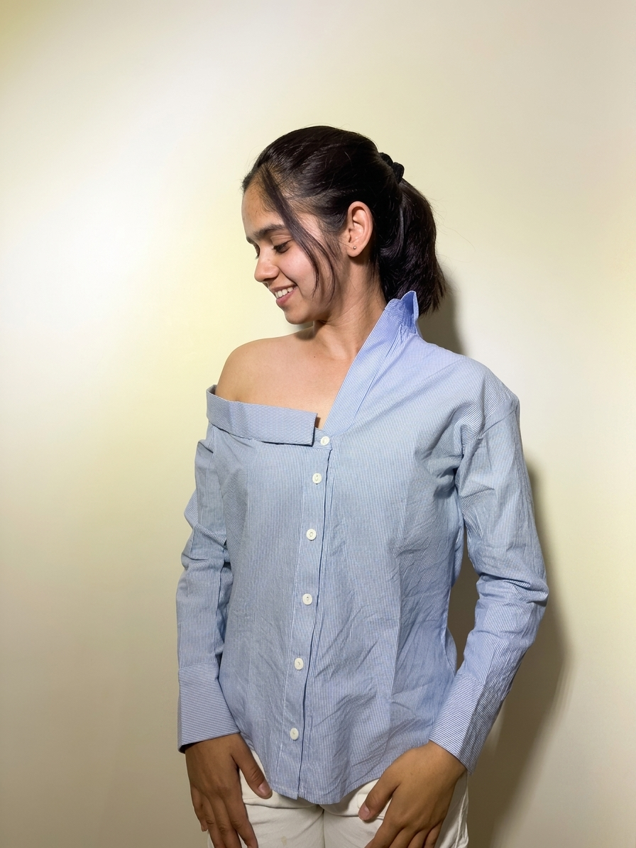 Sky blue Striped Off-Shoulder Shirt: Skyline