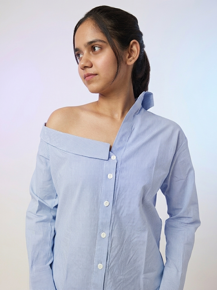 Sky blue Striped Off-Shoulder Shirt: Skyline
