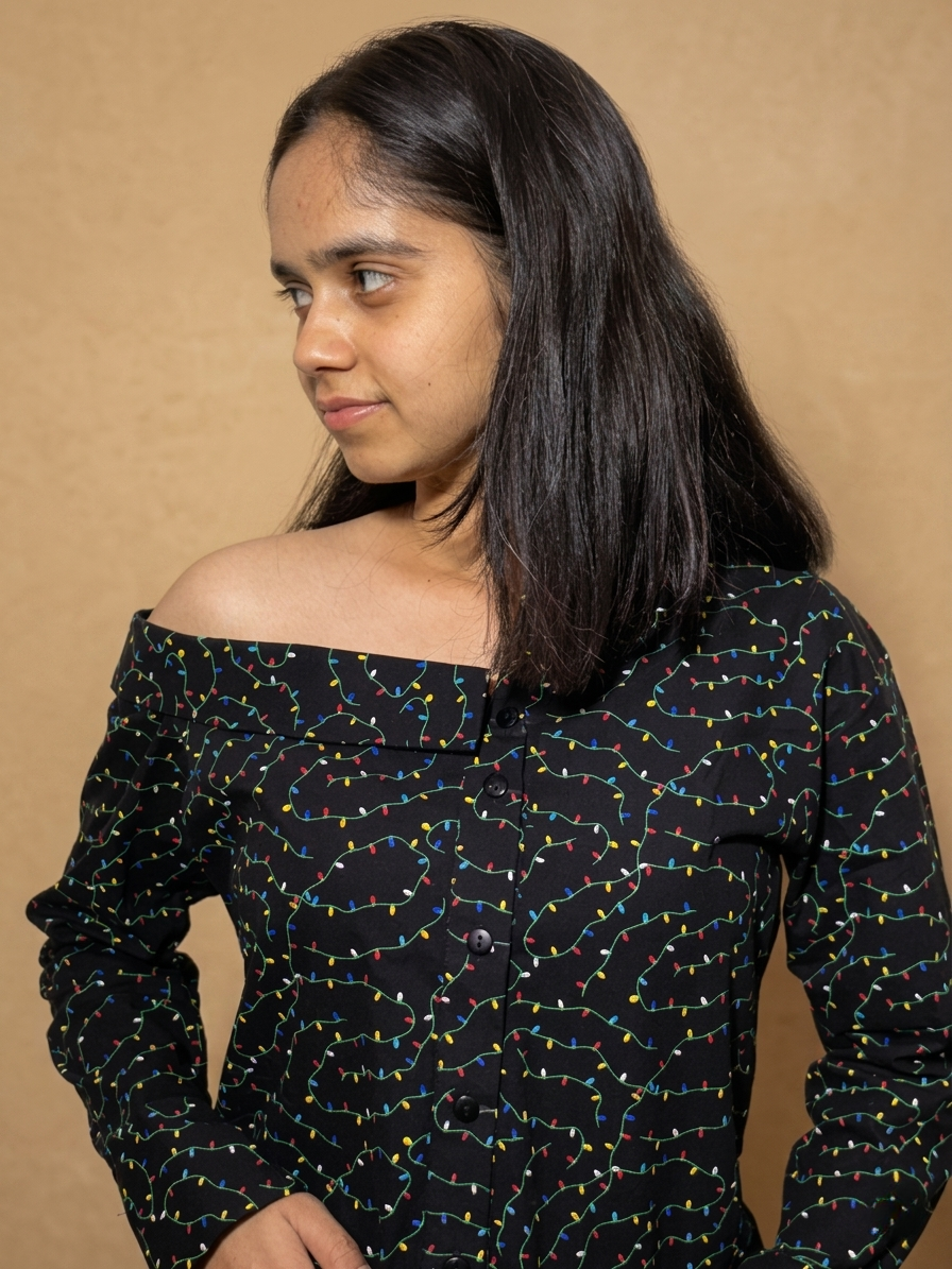 Black Printed Off-Shoulder Shirt: Hawkins After Dark
