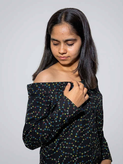 Black Printed Off-Shoulder Shirt: Hawkins After Dark
