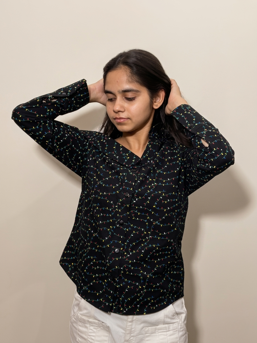 Black Printed Off-Shoulder Shirt: Hawkins After Dark