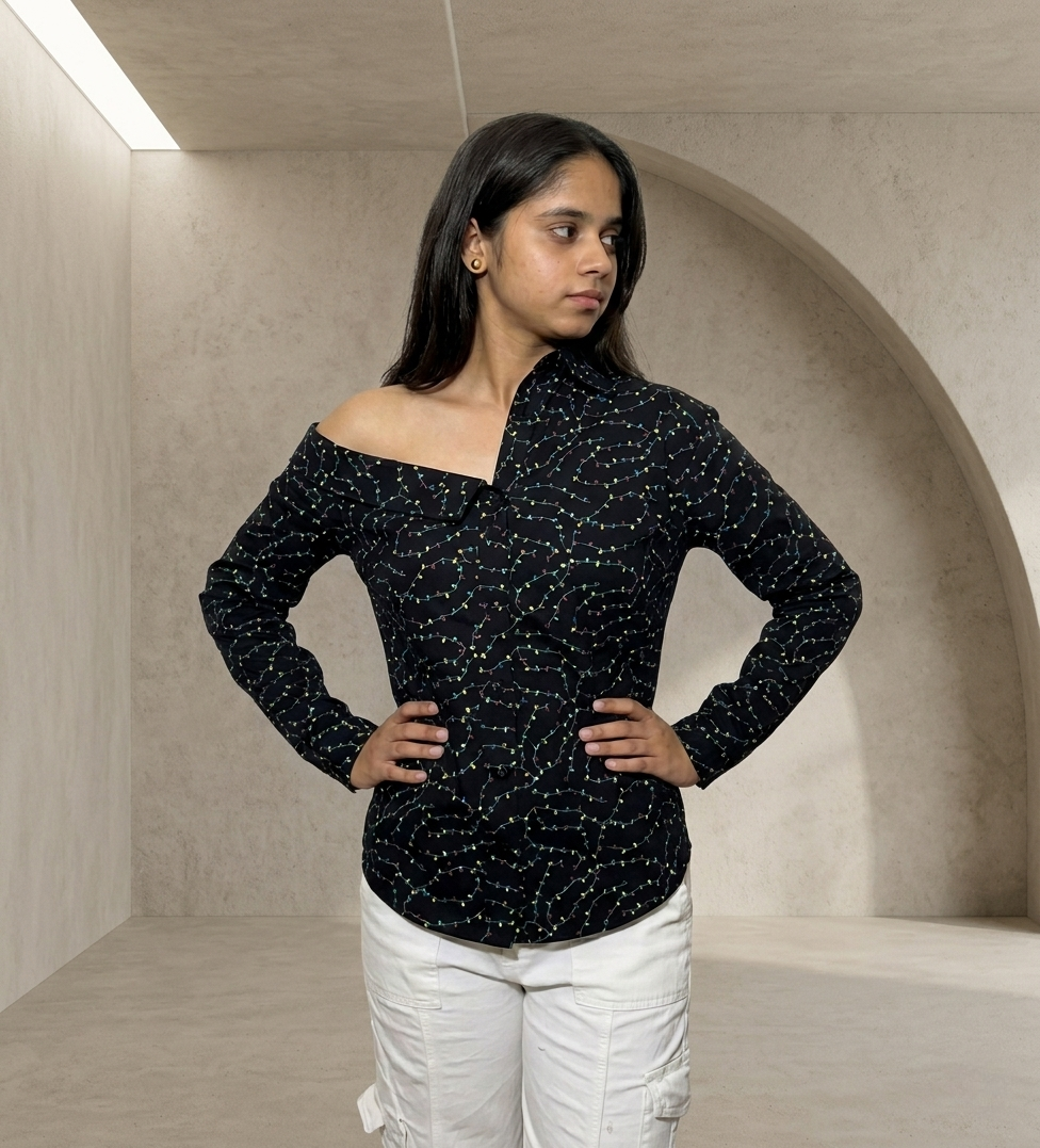 Black Printed Off-Shoulder Shirt: Hawkins After Dark