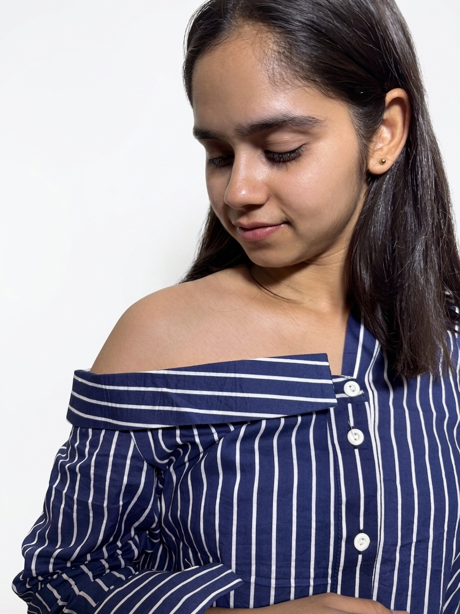 Navy & White striped Off-Shoulder Shirt: Midnight Mania