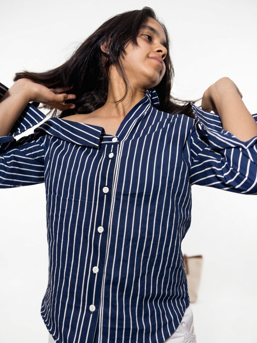 Navy & White striped Off-Shoulder Shirt: Midnight Mania