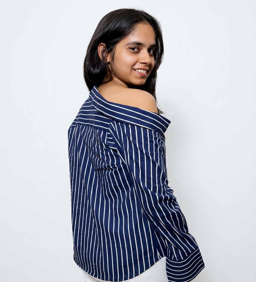 Navy & White striped Off-Shoulder Shirt: Midnight Mania