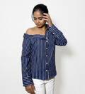 Navy & White striped Off-Shoulder Shirt: Midnight Mania