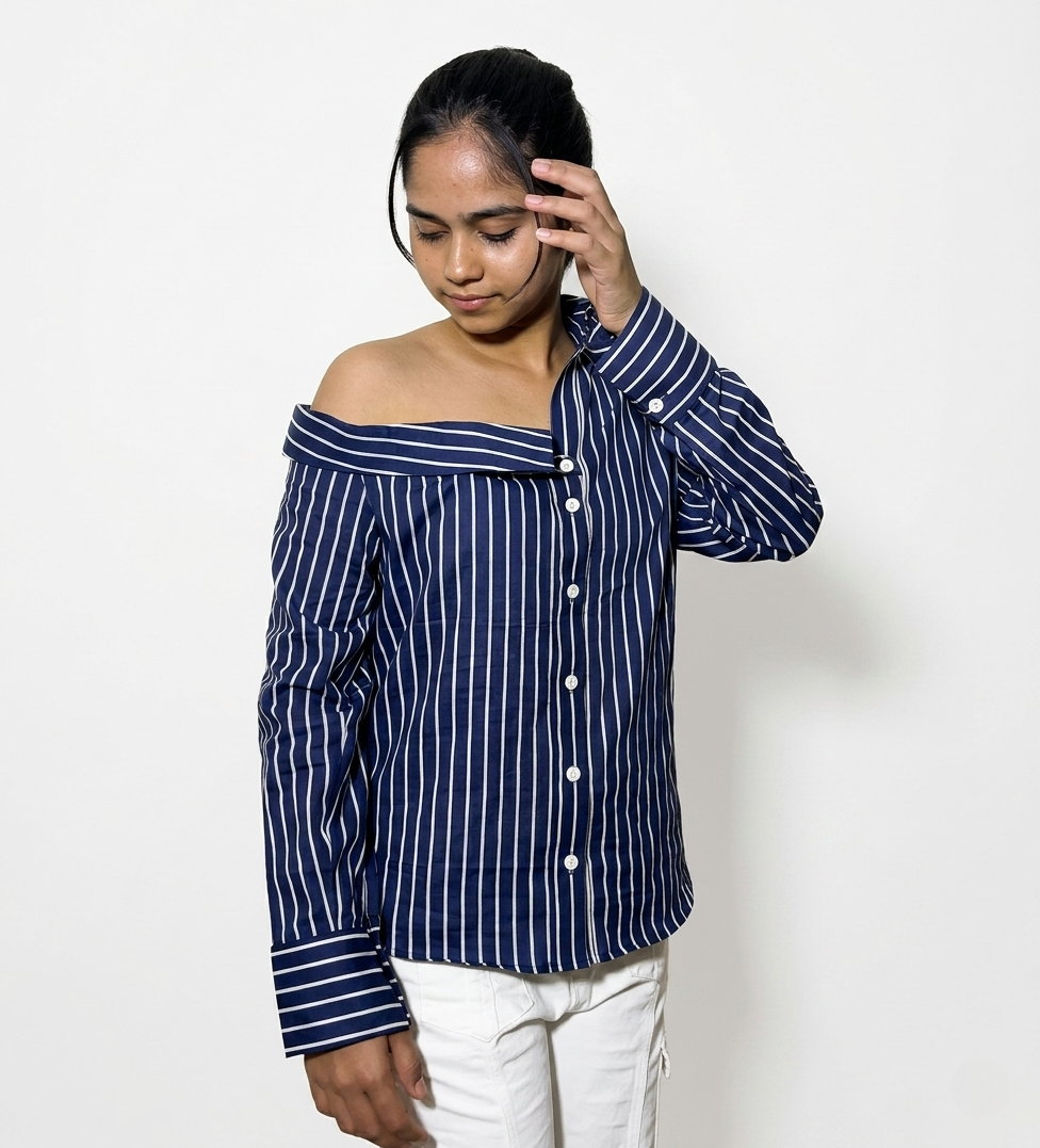 Navy & White striped Off-Shoulder Shirt: Midnight Mania