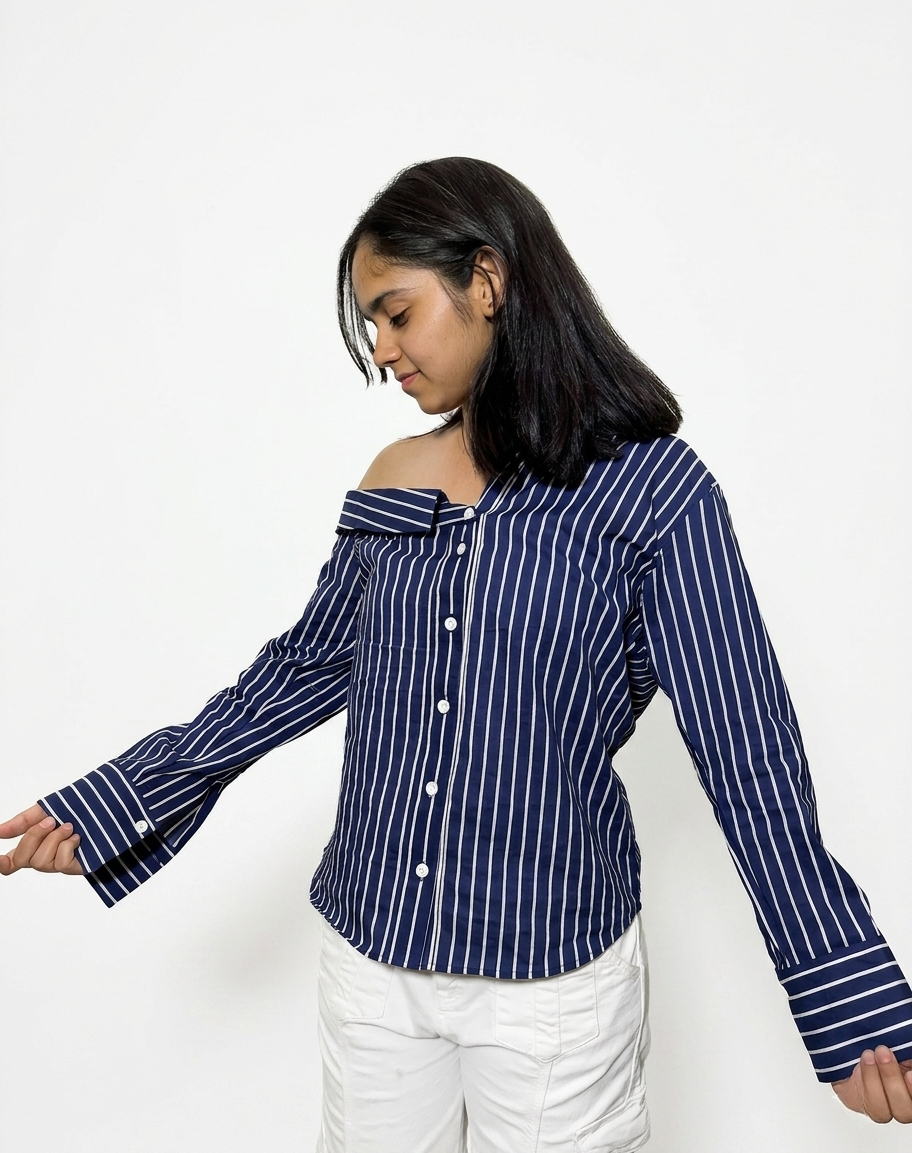 Navy & White striped Off-Shoulder Shirt: Midnight Mania