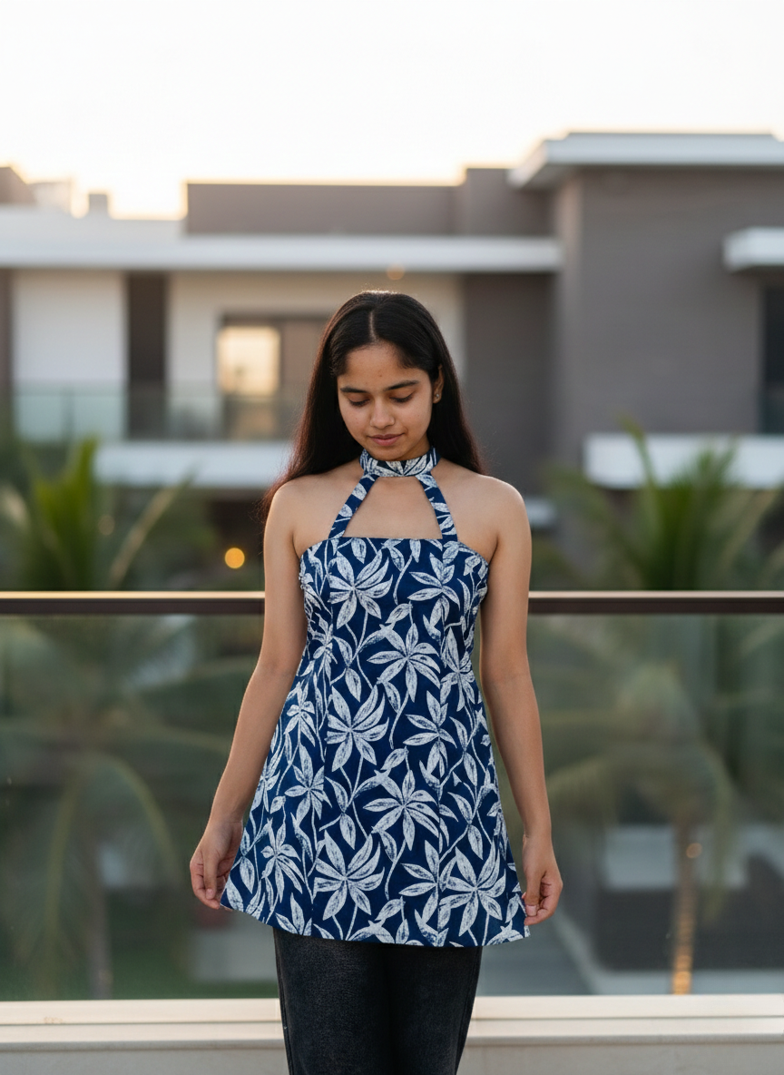 Blue Floral Halter-Style Kurti
