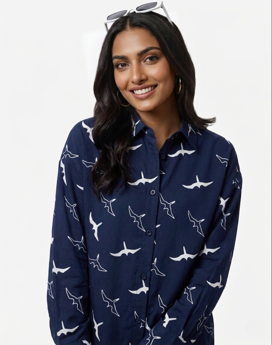 Navy Blue Oversized Printed Shirt: Aero Bird