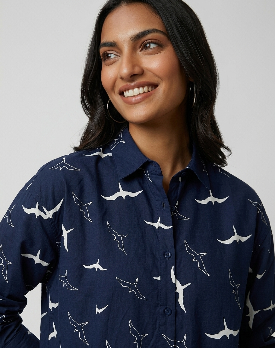 Navy Blue Oversized Printed Shirt: Aero Bird