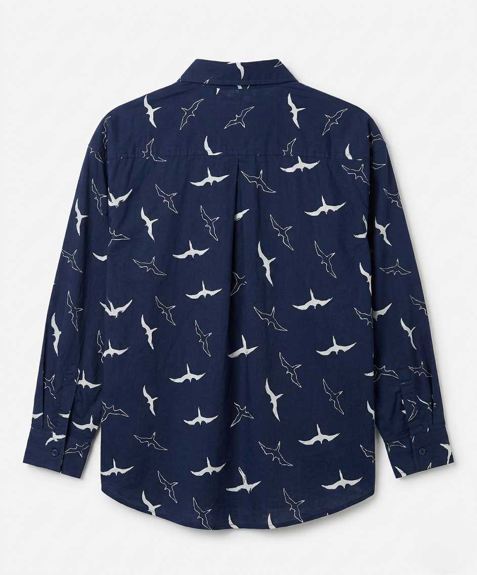 Navy Blue Oversized Printed Shirt: Aero Bird