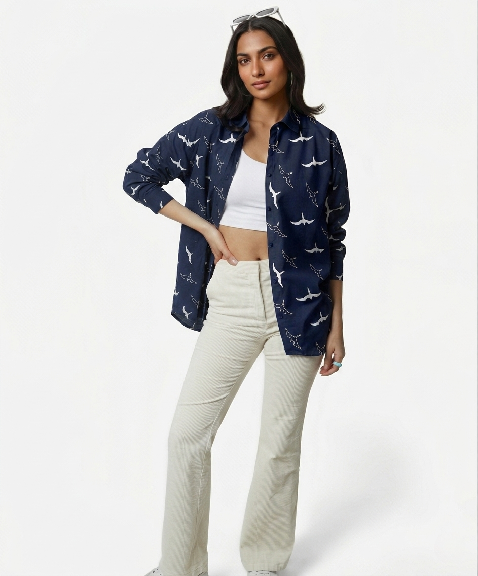 Navy Blue Oversized Printed Shirt: Aero Bird