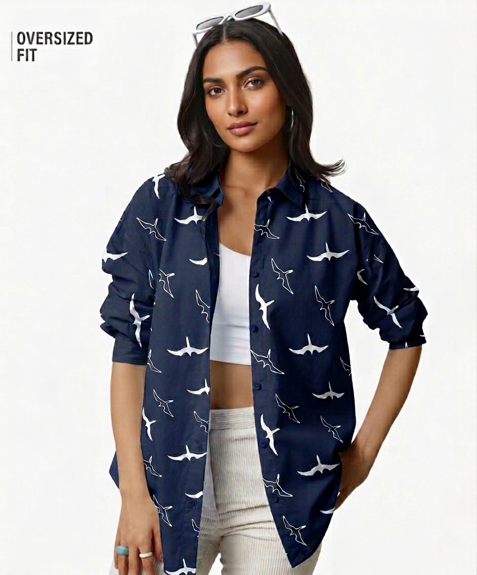 Navy Blue Oversized Printed Shirt: Aero Bird