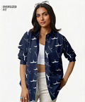 Navy Blue Oversized Printed Shirt: Aero Bird