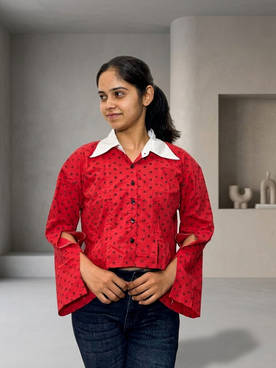 Crop Shirt: Scarlet Split-Sleeve Shirt