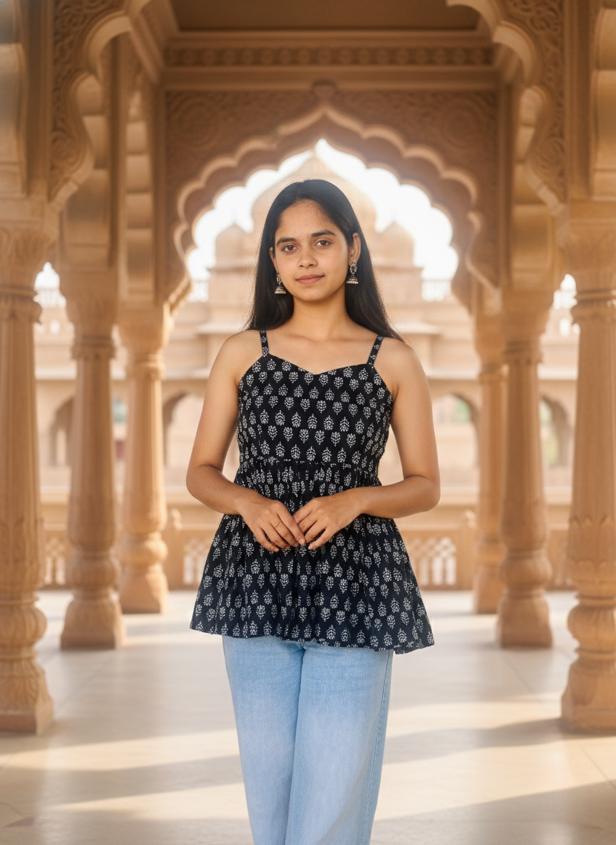 Midnight Leaf Flare Kurti Top