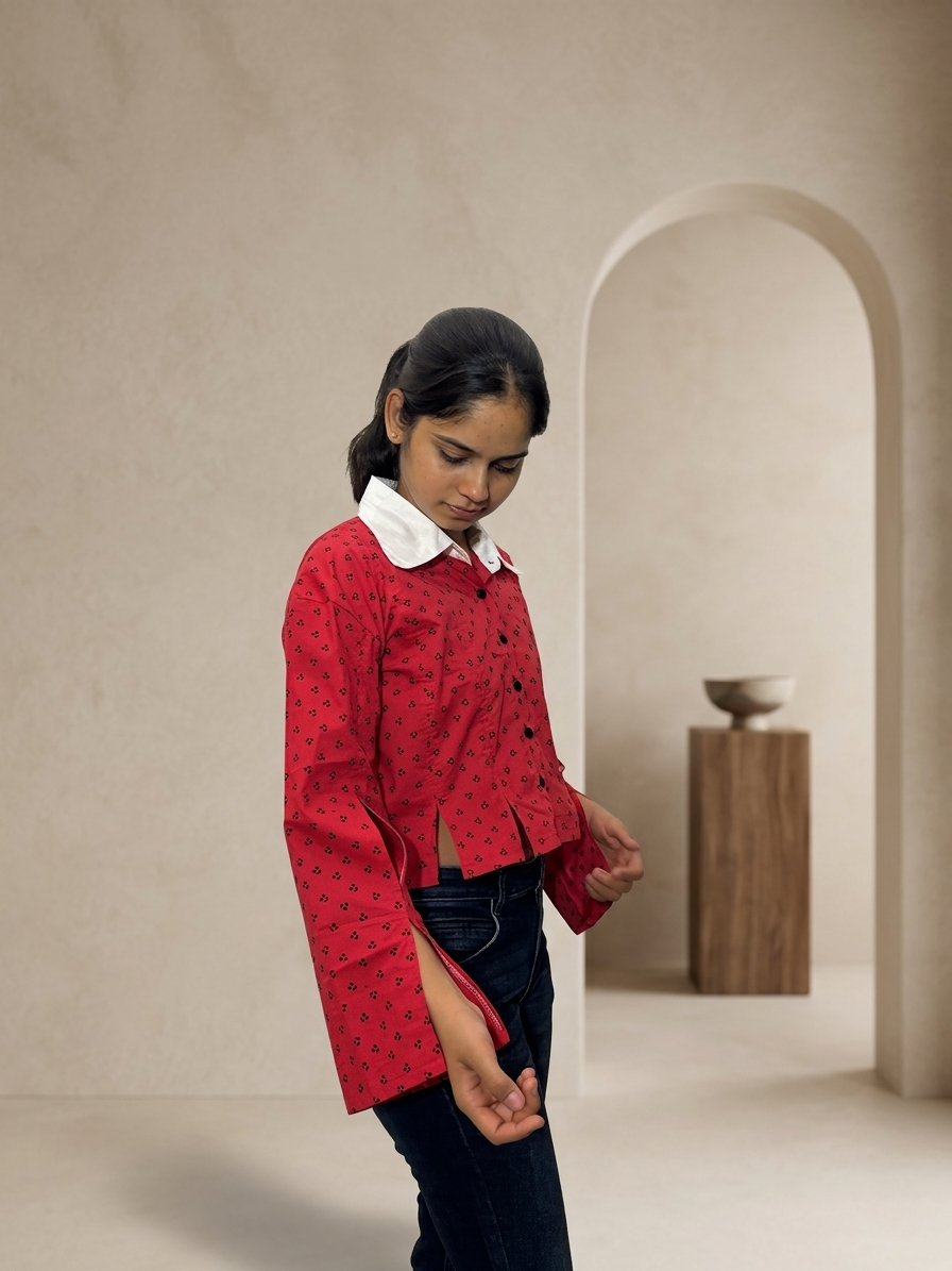 Crop Shirt: Scarlet Split-Sleeve Shirt