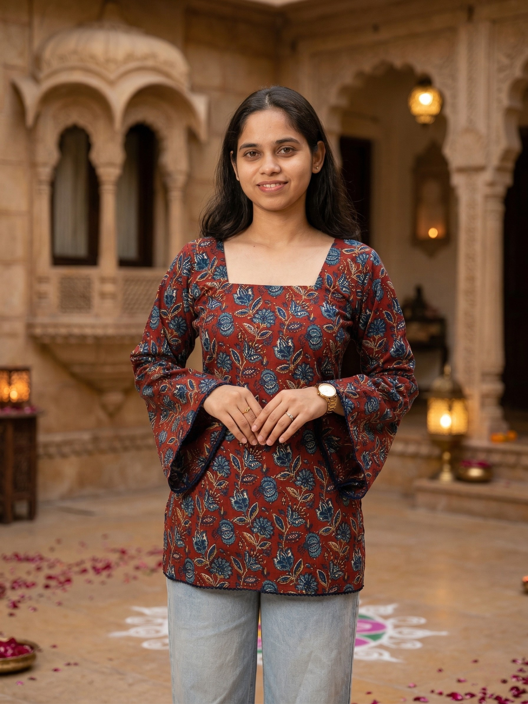 Scarlet Bloom Bell Sleeve Top