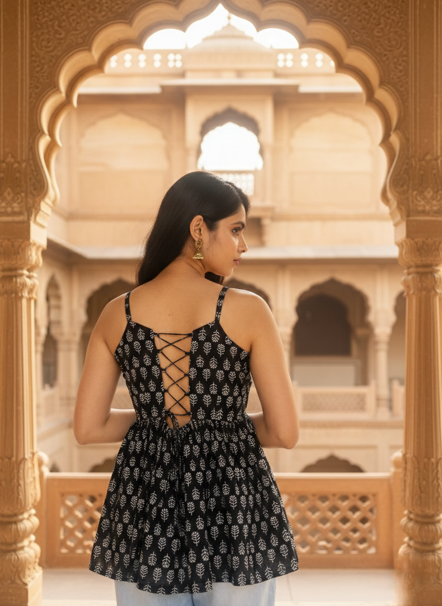 Midnight Leaf Flare Kurti Top