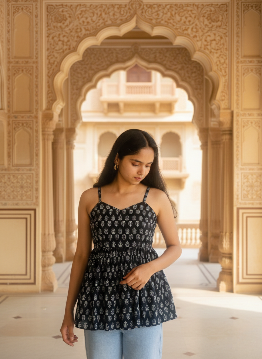 Midnight Leaf Flare Kurti Top